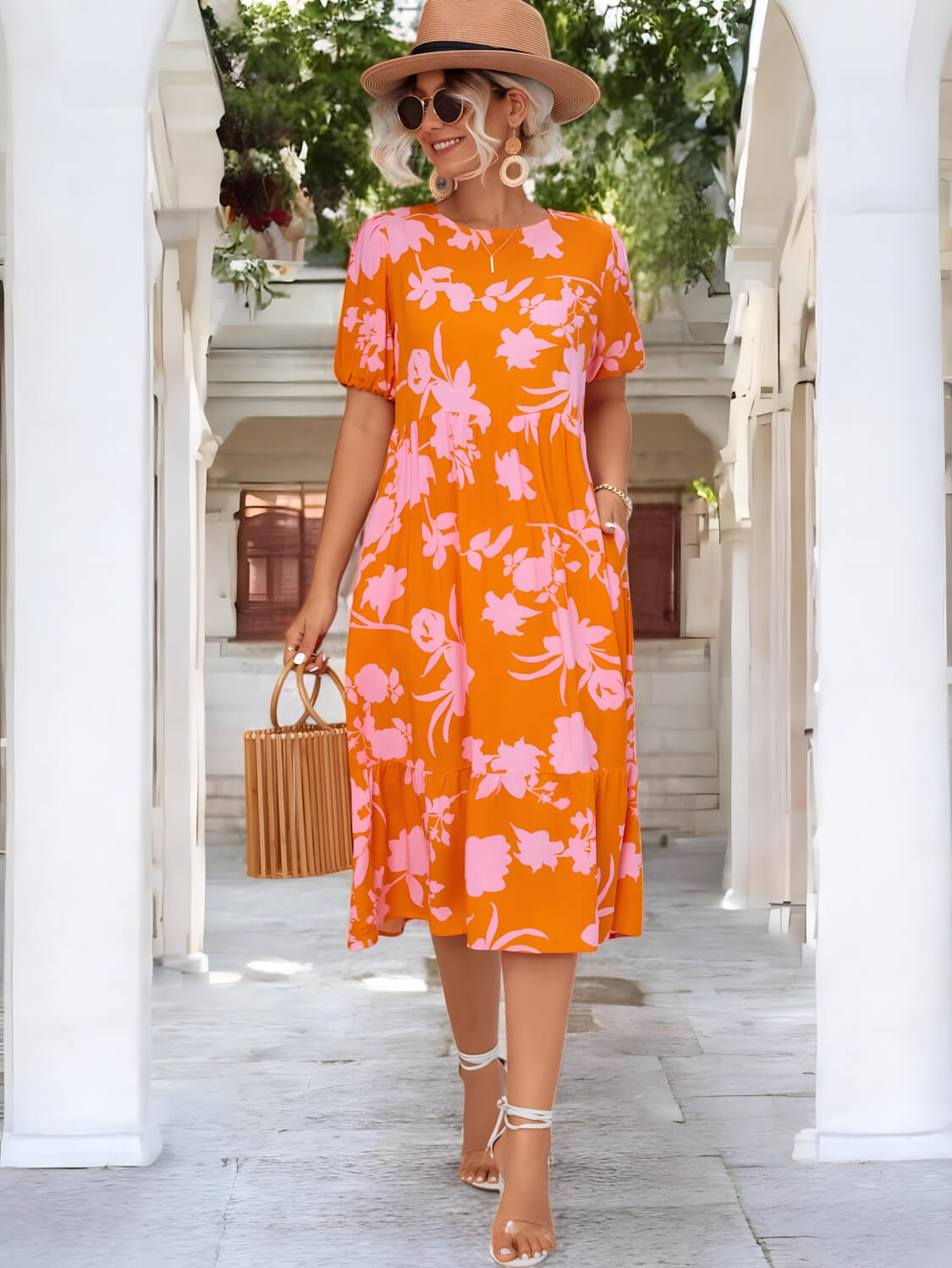 Blossom Elegance Puff Sleeve Midi Dress