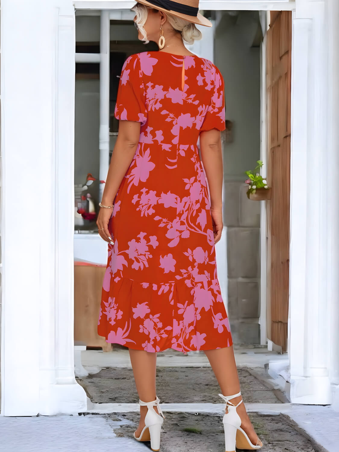 Blossom Elegance Puff Sleeve Midi Dress