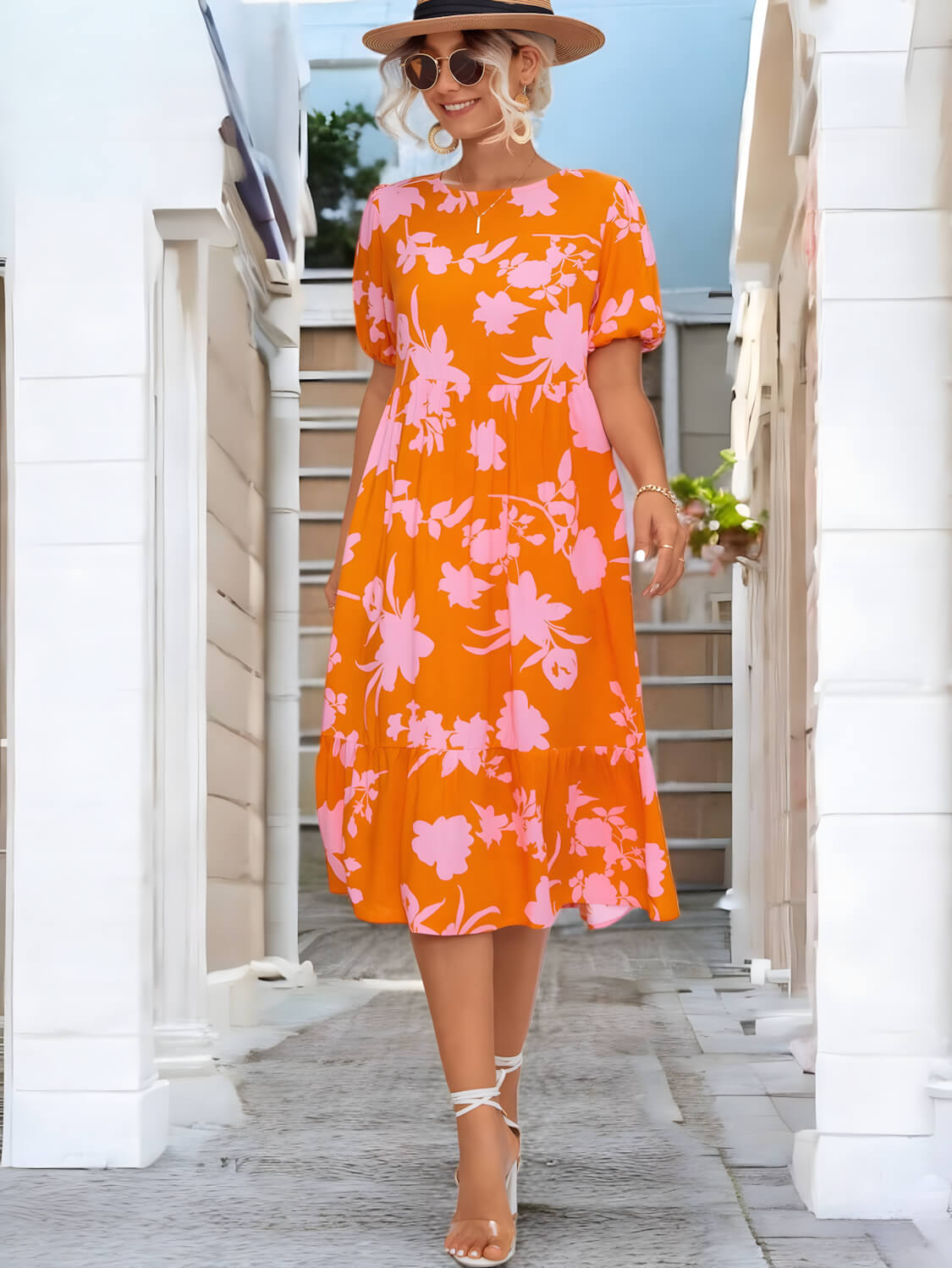 Blossom Elegance Puff Sleeve Midi Dress