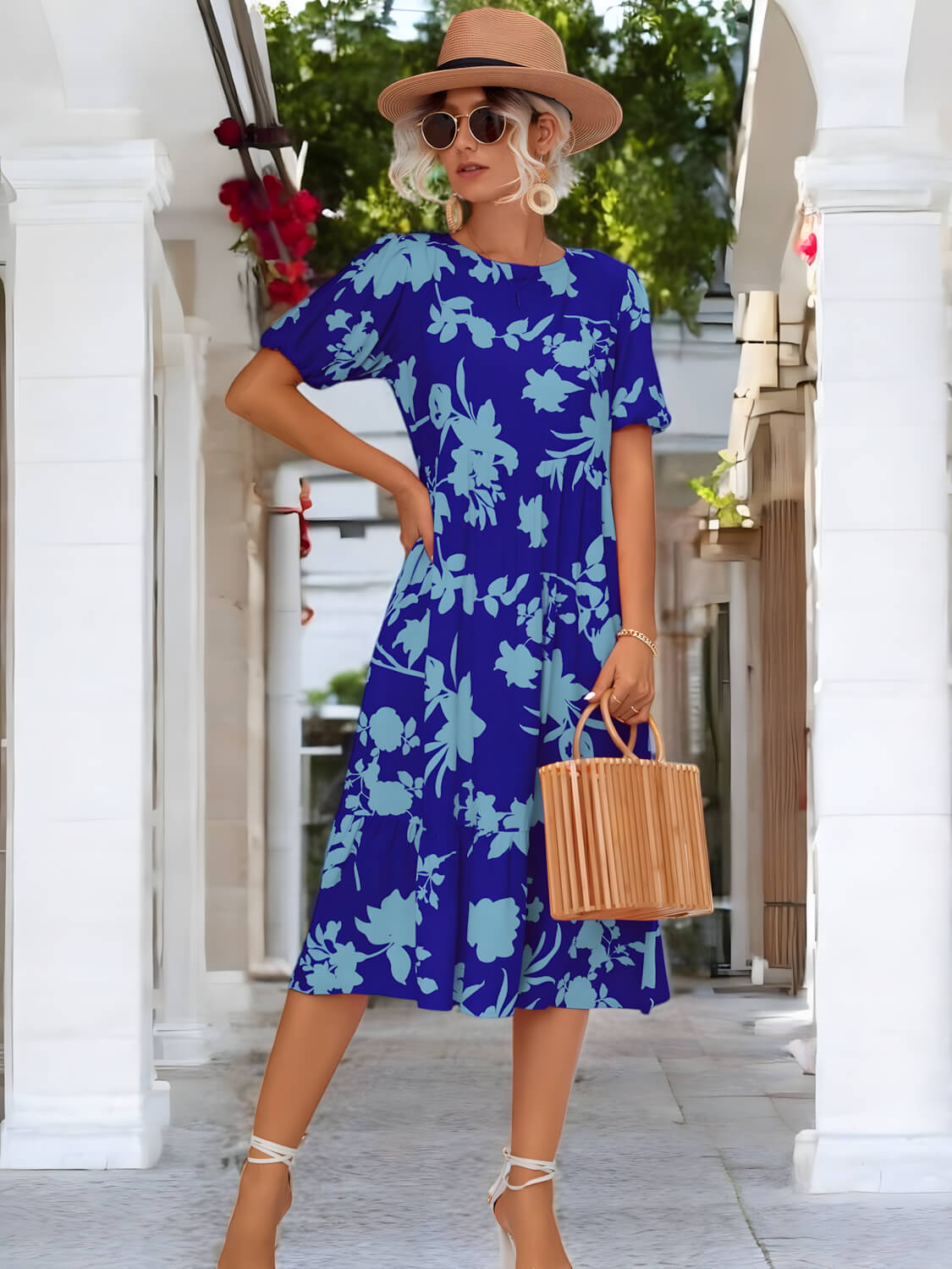 Blossom Elegance Puff Sleeve Midi Dress