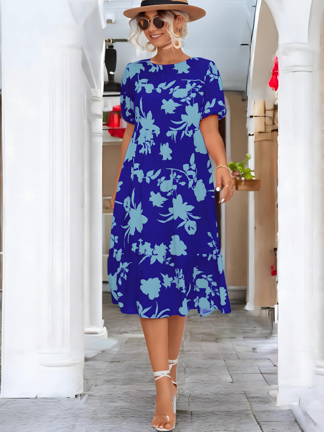 Blossom Elegance Puff Sleeve Midi Dress