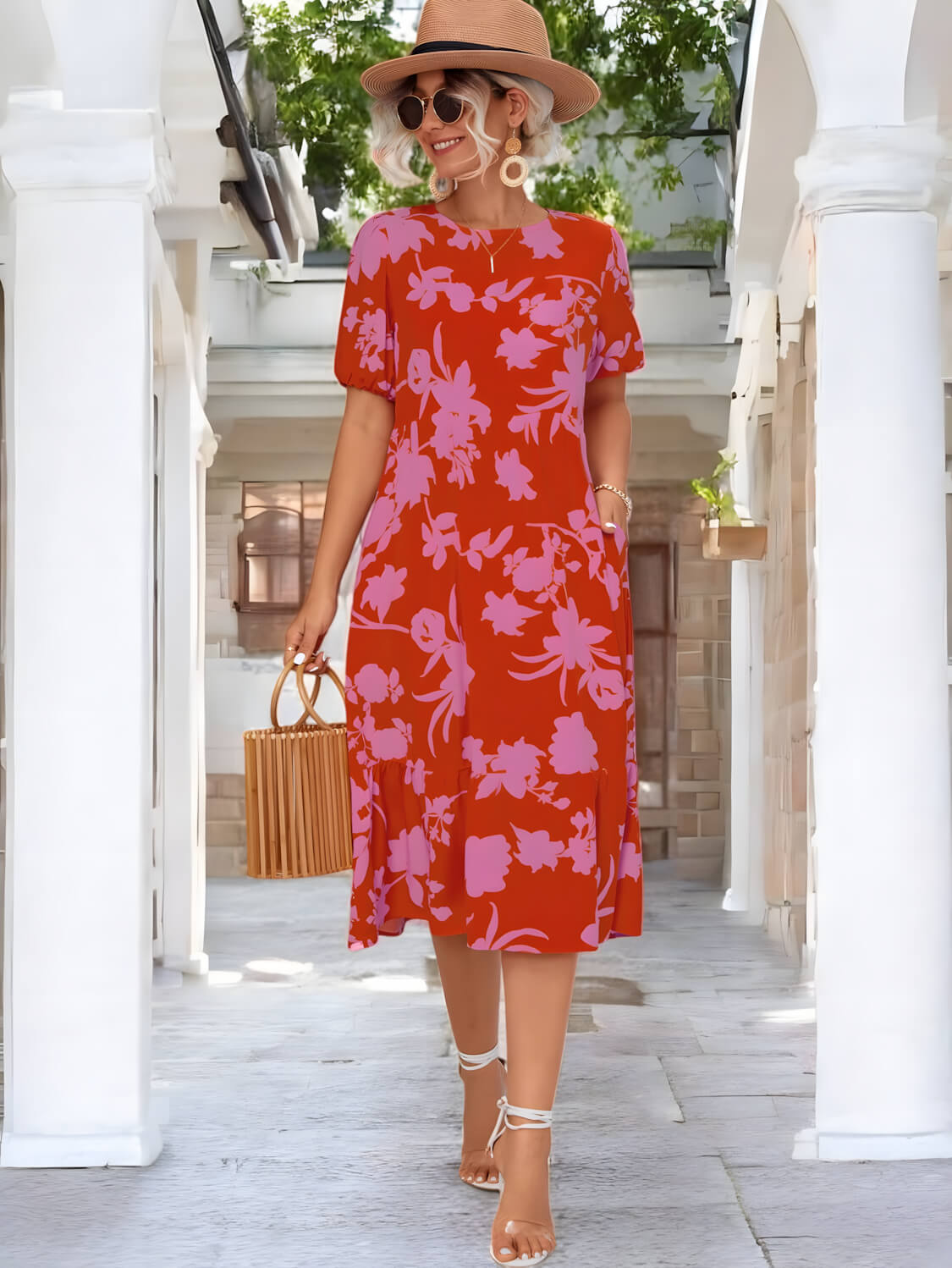 Blossom Elegance Puff Sleeve Midi Dress