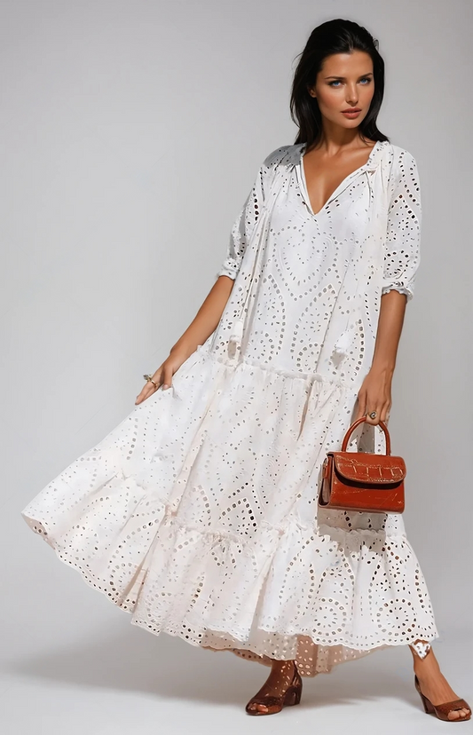 Summer Chic Tie Neck Cotton Tiered Dress