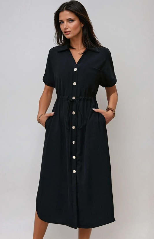 Sunny Allure Button-Up Midi Dress with Side Slit