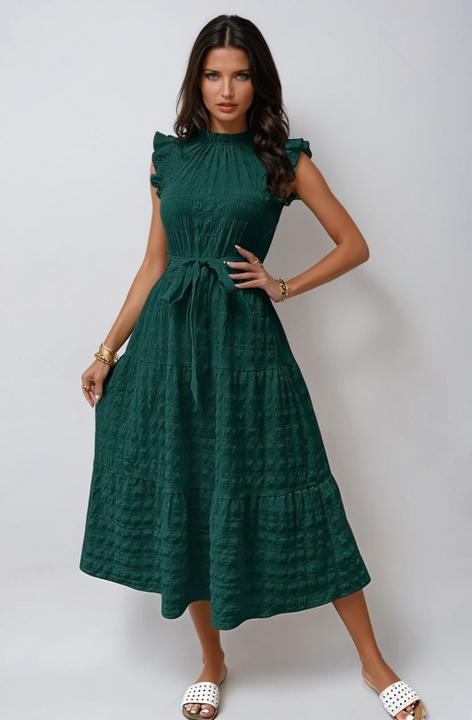 Sunny Charm Tied Ruffle Sleeve Midi Dress