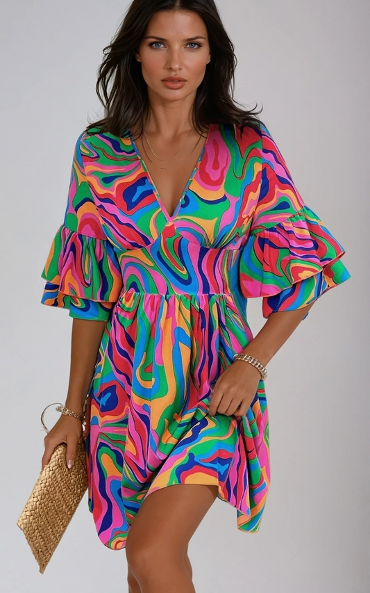 Sunlit Charm Ruffled V-Neck Mini Dress