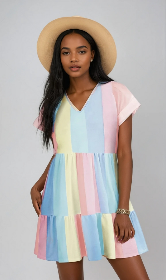 Sunny Vibes Color Block V-Neck Mini Dress