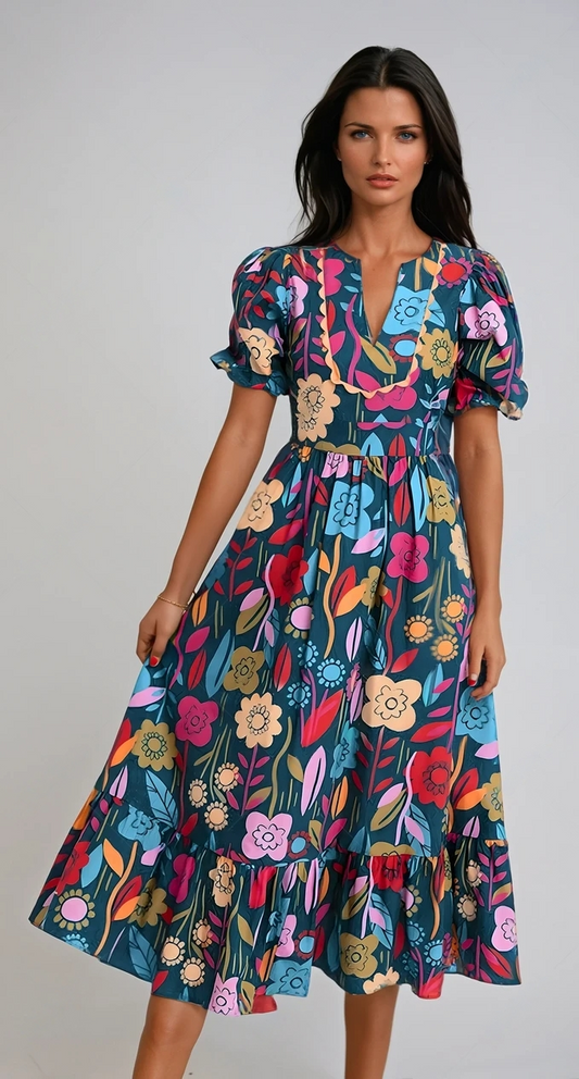 Boho Breeze Notched Puff Sleeve Midi Dress