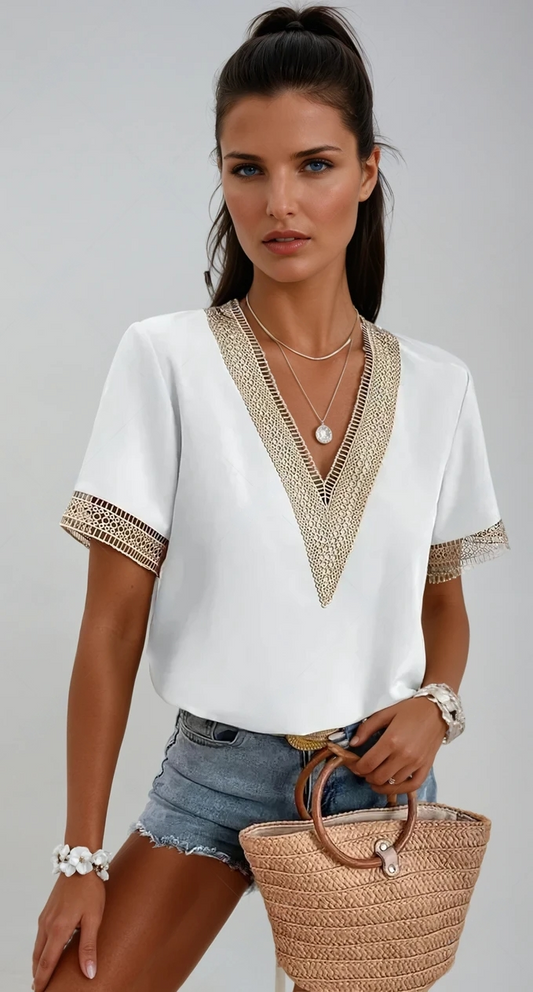 Crochet Trim V-Neck Summer Top