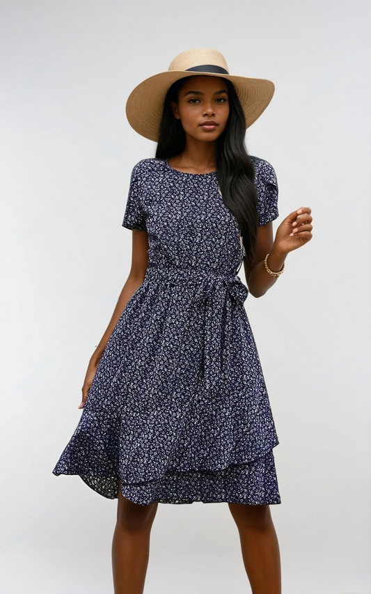 Floral Petal Sleeve Belted Mini Dress