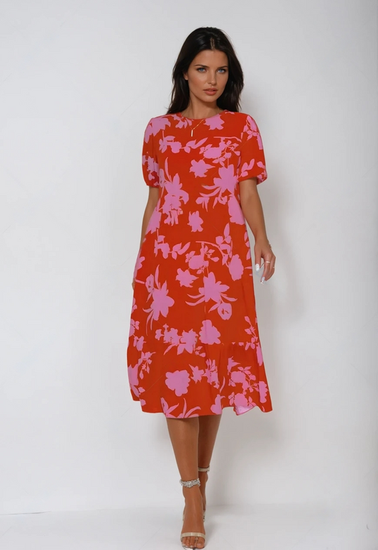 Blossom Elegance Puff Sleeve Midi Dress